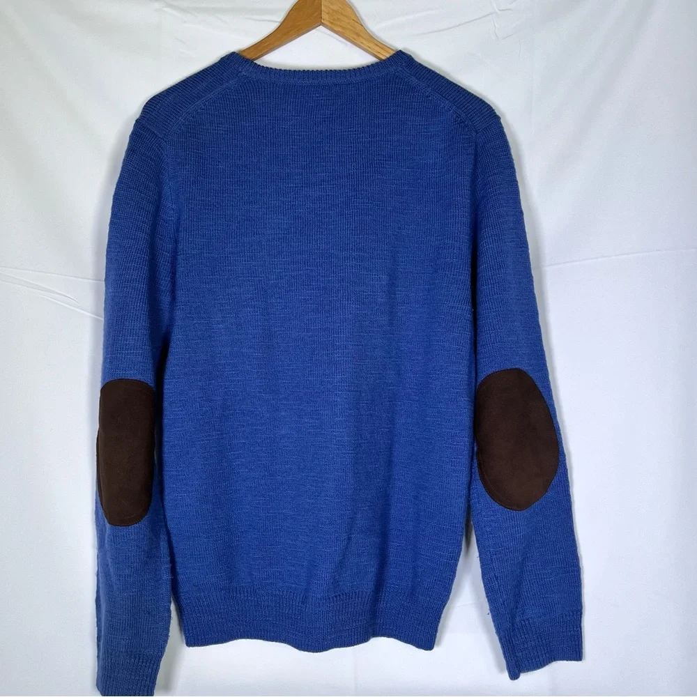 J.Crew Merino Sweater Men's M Blue Brown Leather Elbow Trim Round‎ Neck Pullover